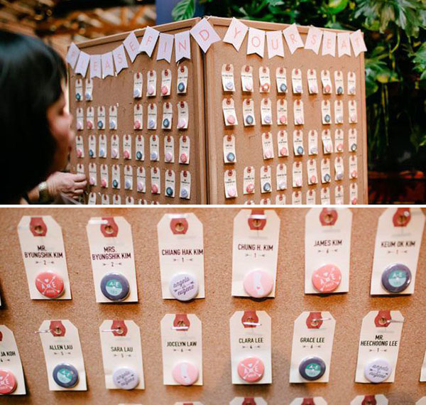 wedding escort card featuring button