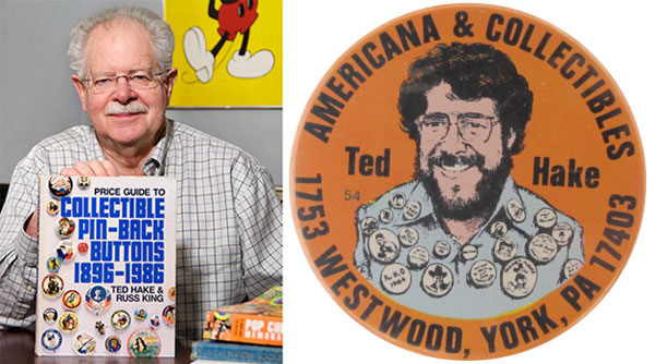 photo of Ted Hake and his button collection