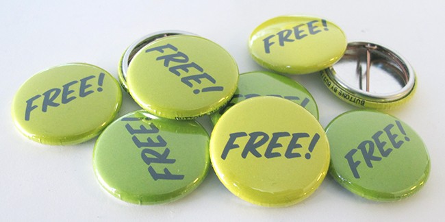 pile of buttons that say free!